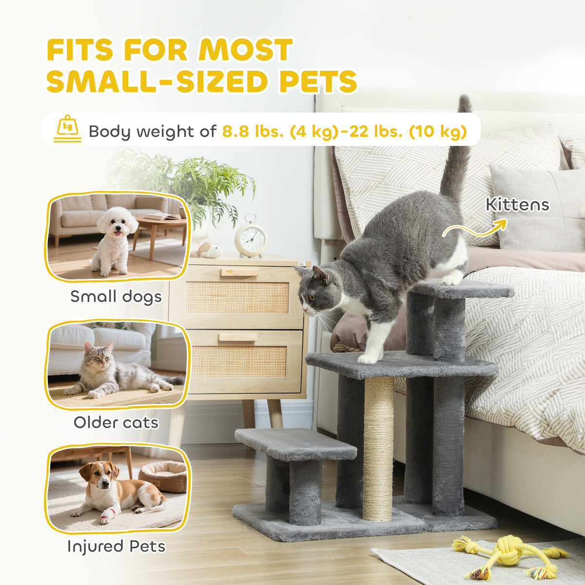 Adjustable 3-Tier Pet Stairs with Sisal Scratching Post - Grey-Dogs-DECOROLALA