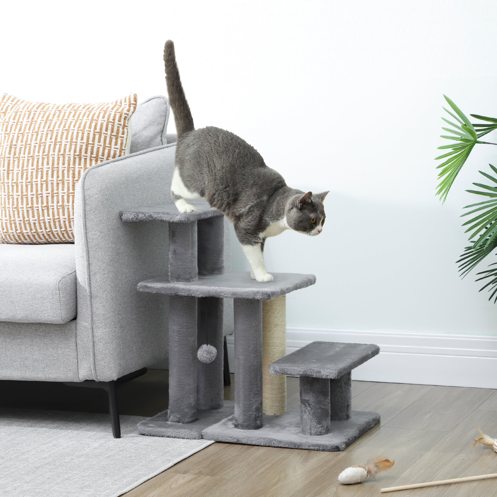 Adjustable 3-Tier Pet Stairs with Sisal Scratching Post - Grey-Dogs-DECOROLALA