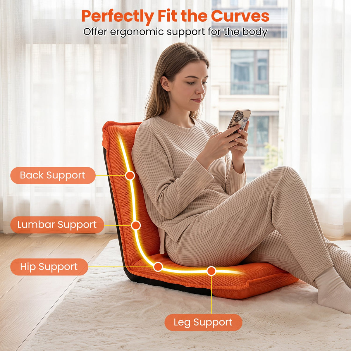 Adjustable 6 Positions Folding Lazy Man Sofa Chair Floor Chair-Orange-Floor Chairs-DECOROLALA