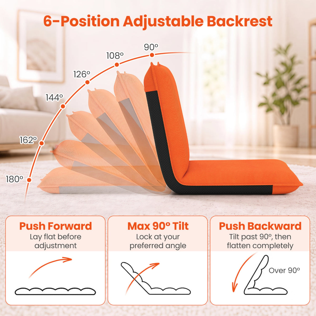 Adjustable 6 Positions Folding Lazy Man Sofa Chair Floor Chair-Orange-Floor Chairs-DECOROLALA