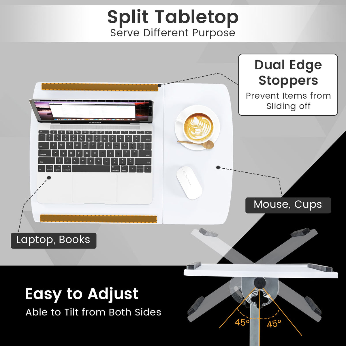 Adjustable Angle Height Rolling Laptop Table-White-Laptop Tables & Printer Stands-DECOROLALA