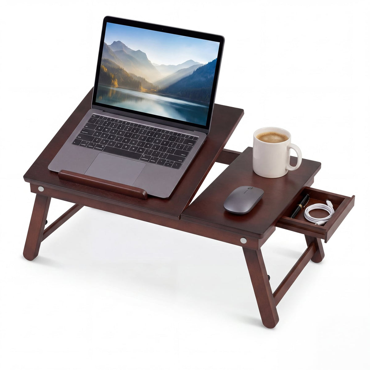 Adjustable Bamboo Laptop Desk with Tilting Top and Adjustable Legs for Wring-Brown-Laptop Tables & Printer Stands-DECOROLALA