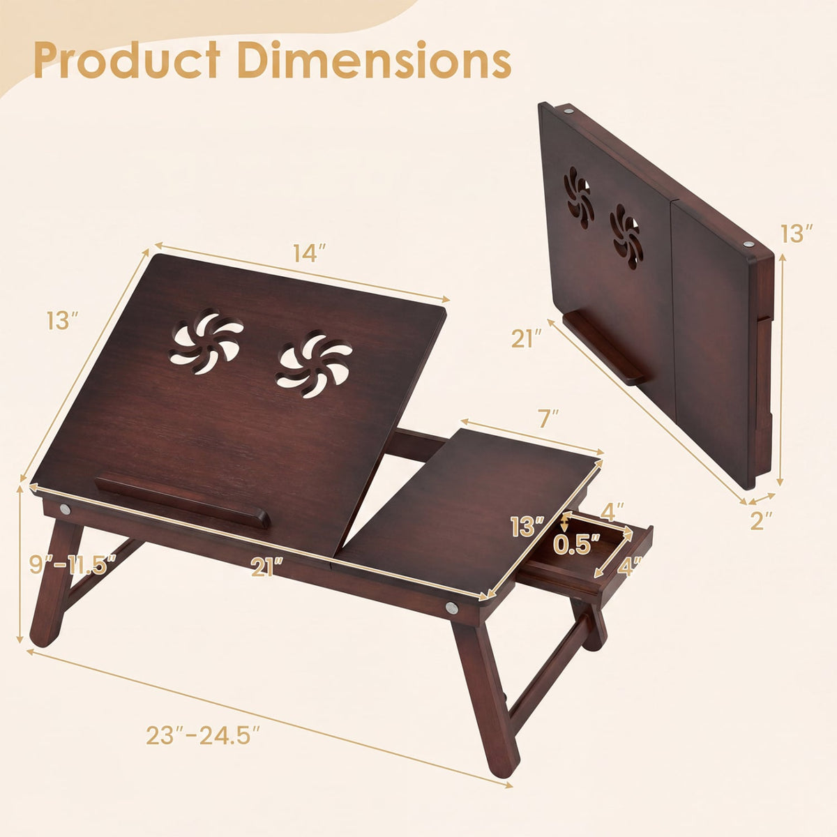 Adjustable Bamboo Laptop Desk with Tilting Top and Adjustable Legs for Wring-Brown-Laptop Tables & Printer Stands-DECOROLALA