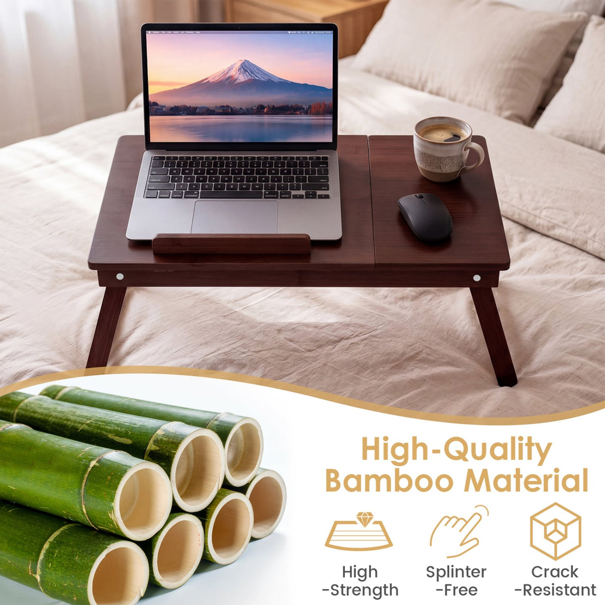 Adjustable Bamboo Laptop Desk with Tilting Top and Adjustable Legs for Wring-Brown-Laptop Tables & Printer Stands-DECOROLALA