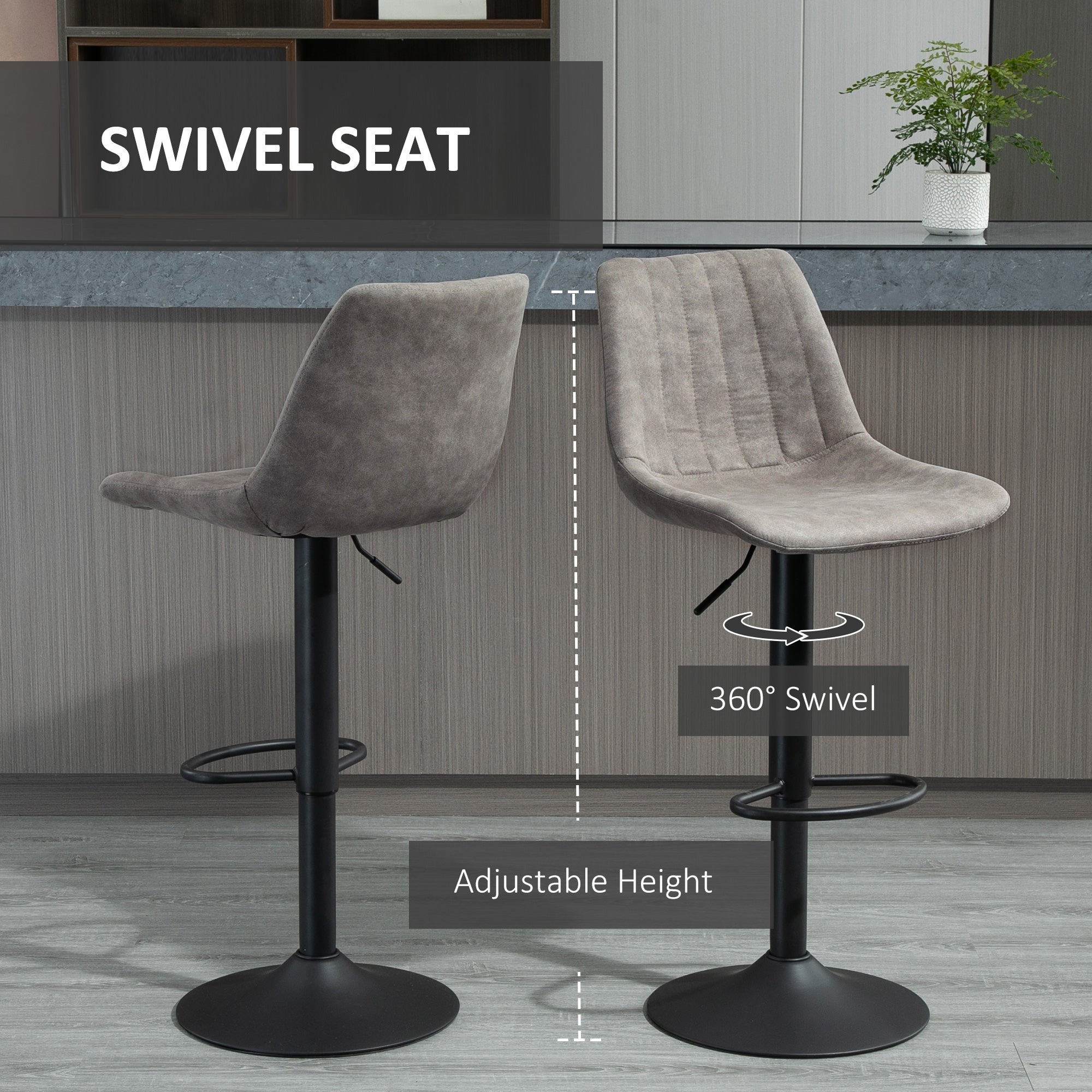 Adjustable Bar Stools Set of 2, Leathaire Swivel Barstools with Back and Footrest, Upholstered Bar Chairs for Kitchen, Dining Room, Home Pub, Grey-Home Furnishings > Kitchen & Dining Furniture > Bar Stools-DECOROLALA
