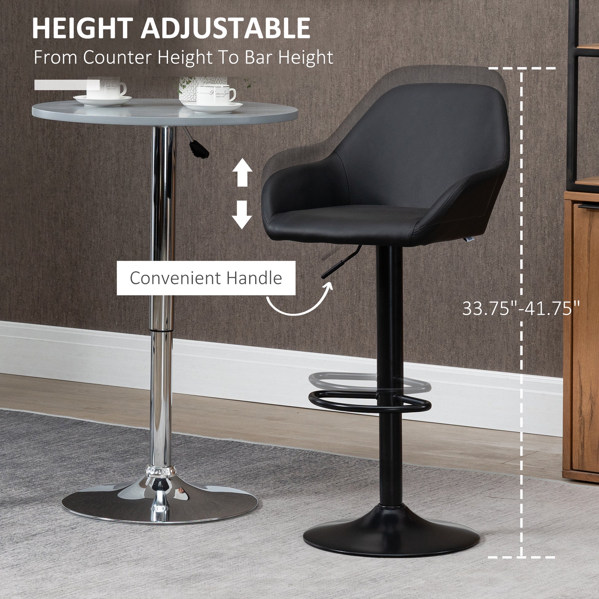 Adjustable Bar Stools Set of 2, Swivel Barstools with Footrest and Back, PU Leather and Steel Round Base, Black-Home Furnishings > Kitchen & Dining Furniture > Bar Stools-DECOROLALA