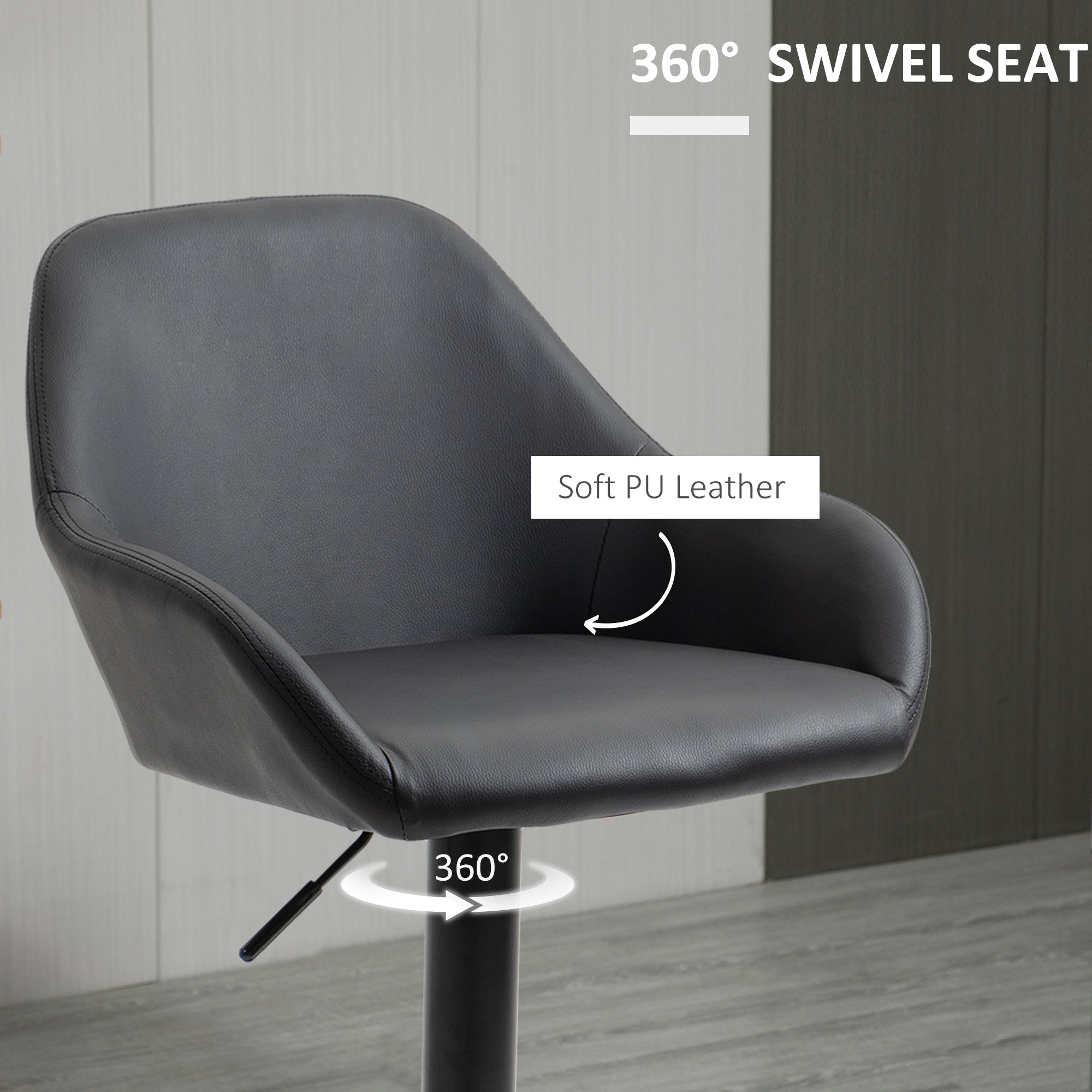 Adjustable Bar Stools Set of 2, Swivel Barstools with Footrest and Back, PU Leather and Steel Round Base, Black-Home Furnishings > Kitchen & Dining Furniture > Bar Stools-DECOROLALA