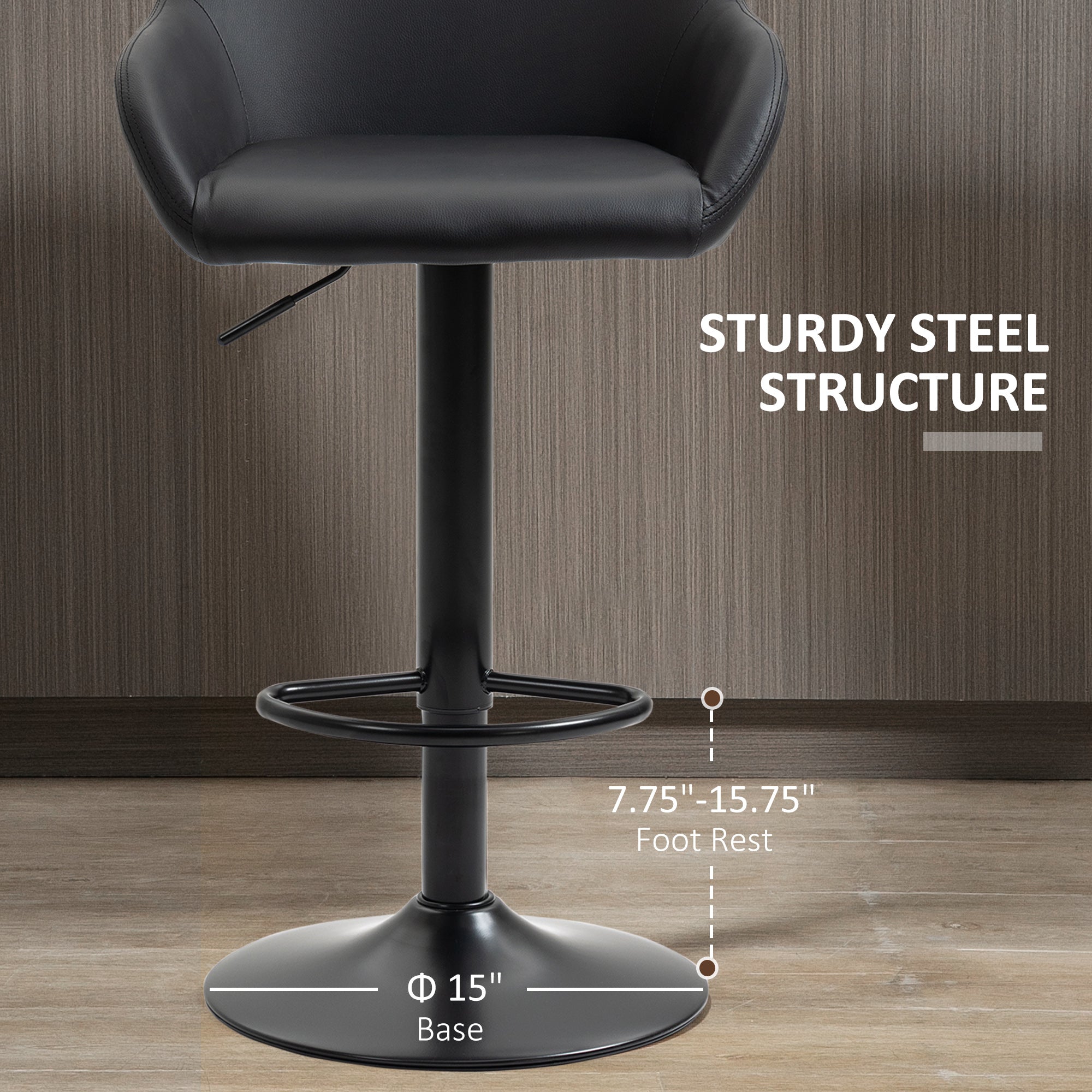 Adjustable Bar Stools Set of 2, Swivel Barstools with Footrest and Back, PU Leather and Steel Round Base, Black-Home Furnishings > Kitchen & Dining Furniture > Bar Stools-DECOROLALA