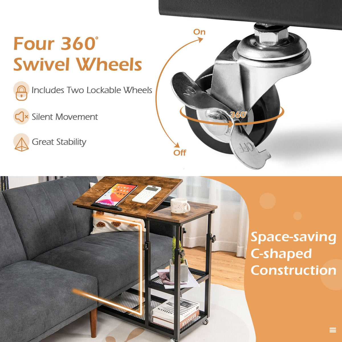 Adjustable C-Shaped Bedside Table-End & Side Tables-DECOROLALA