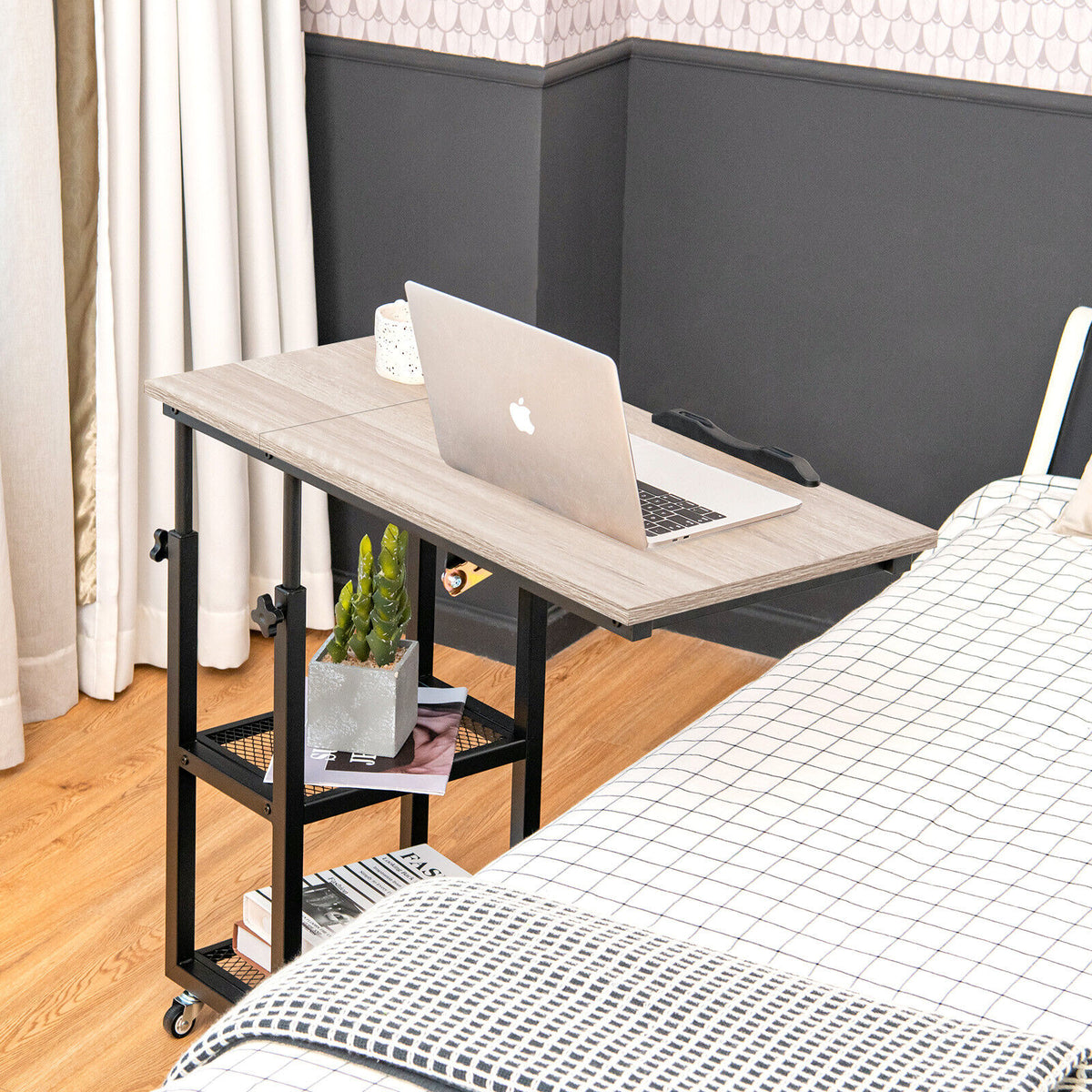Adjustable C-Shaped Bedside Table with Wheels-Natural-End & Side Tables-DECOROLALA