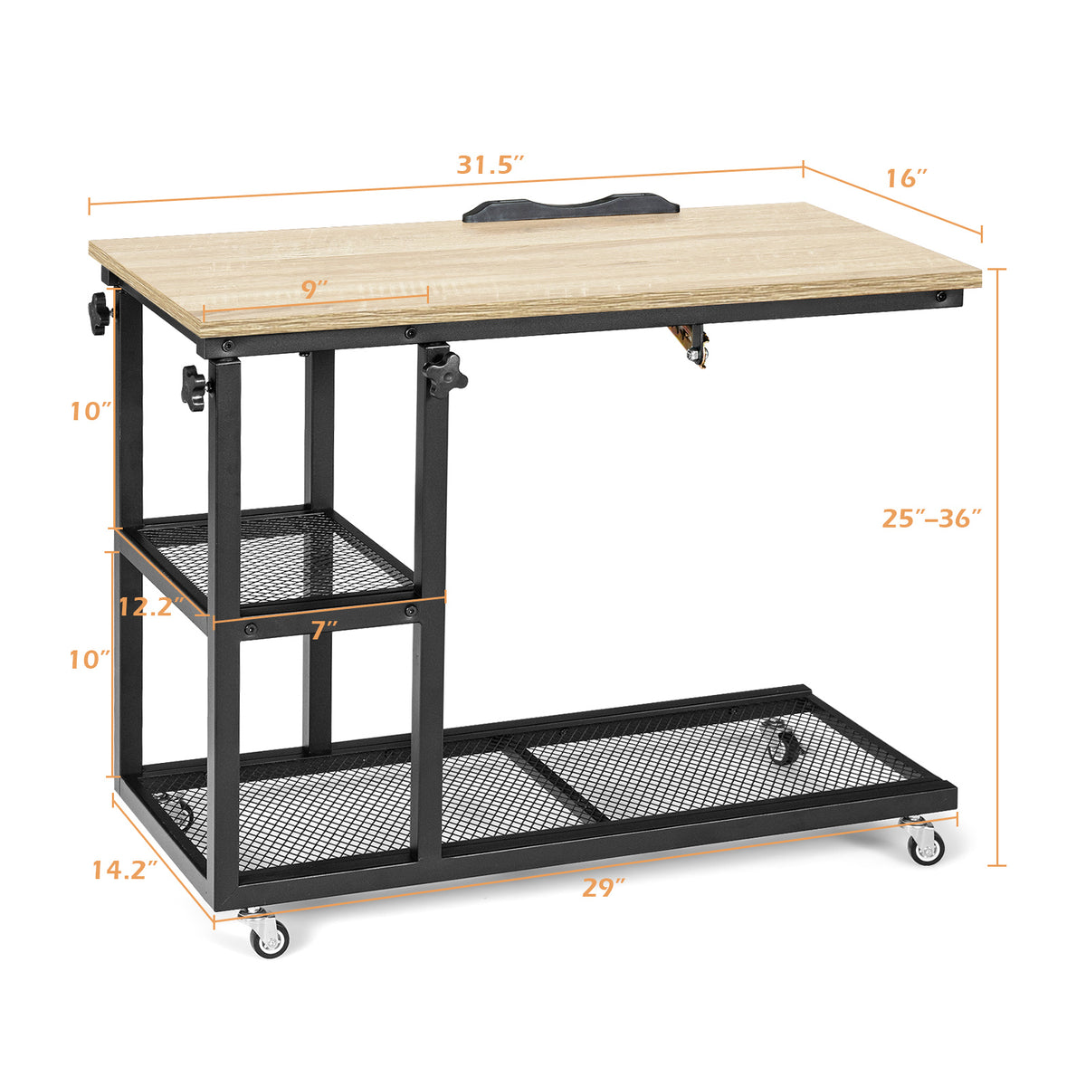 Adjustable C-Shaped Bedside Table with Wheels-Natural-End & Side Tables-DECOROLALA