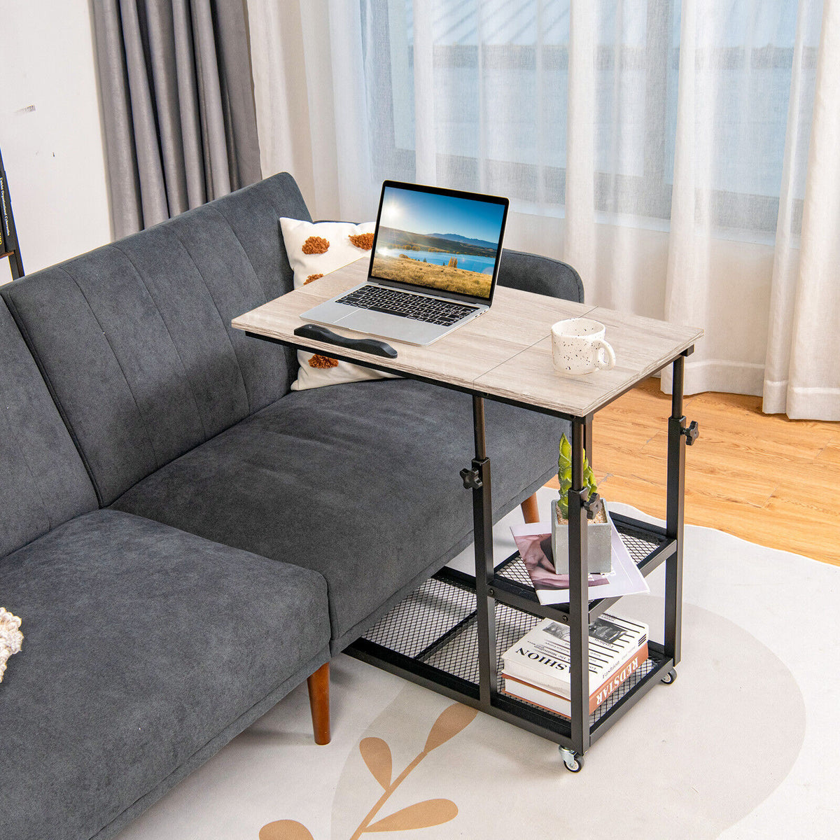 Adjustable C-Shaped Bedside Table with Wheels-Natural-End & Side Tables-DECOROLALA