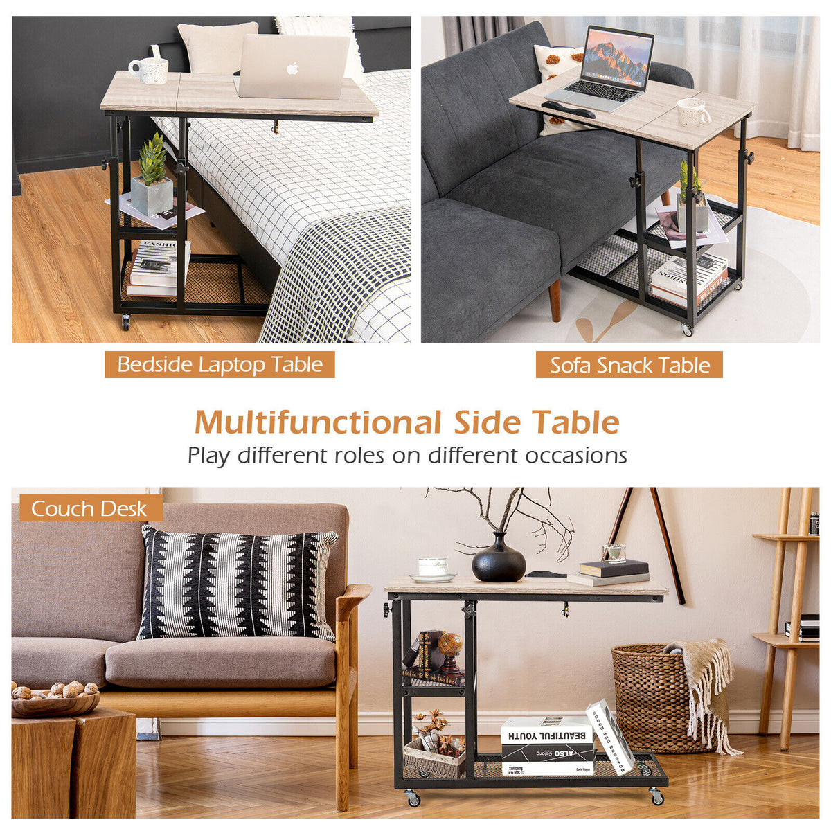 Adjustable C-Shaped Bedside Table with Wheels-Natural-End & Side Tables-DECOROLALA