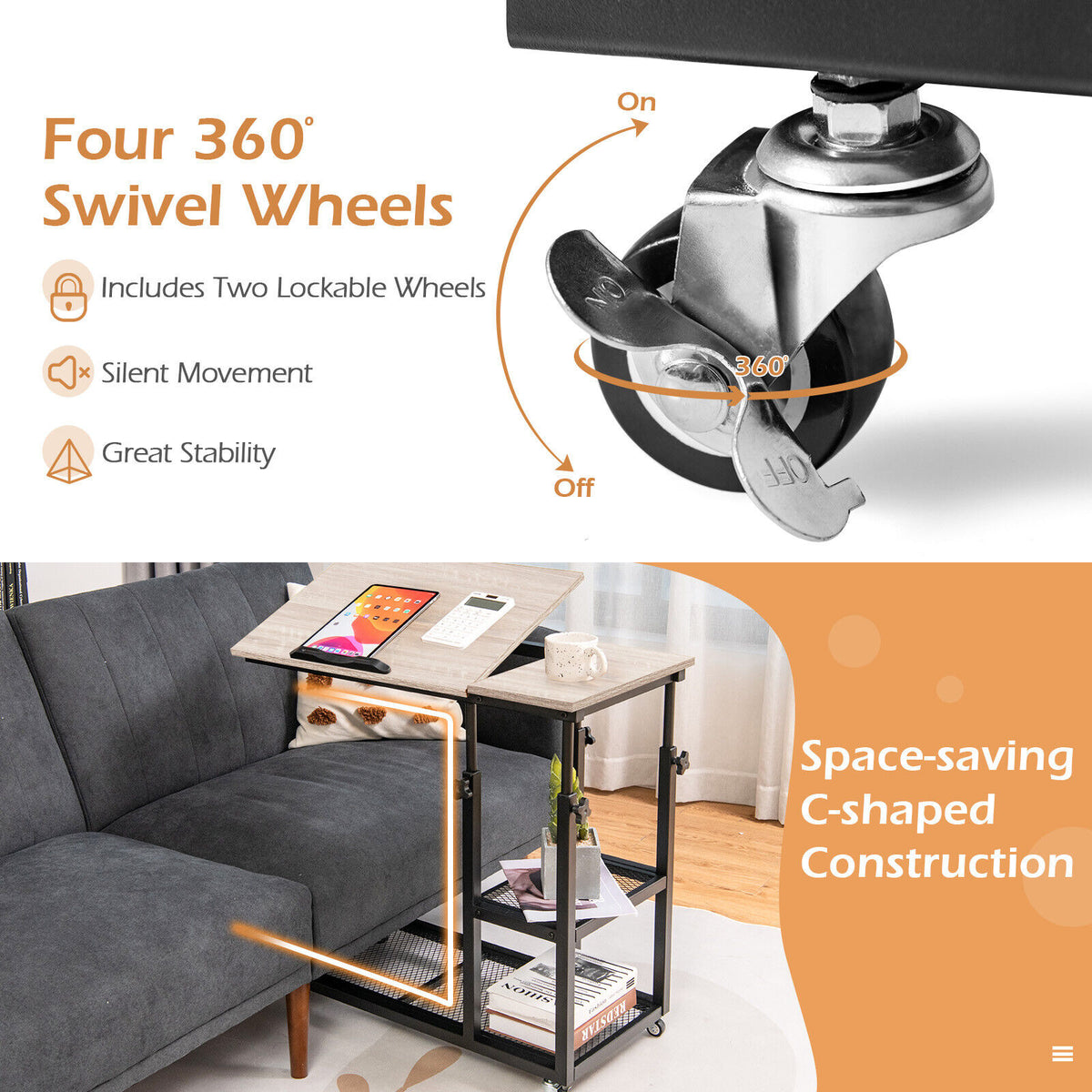 Adjustable C-Shaped Bedside Table with Wheels-Natural-End & Side Tables-DECOROLALA