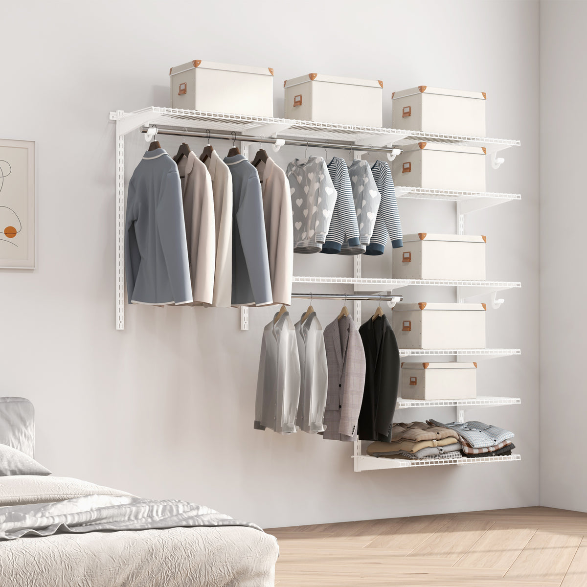 Adjustable Closet Organizer Kit with Shelves and Hanging Rods for 4 to 6 Feet-White-Clothing & Closet Storage-DECOROLALA