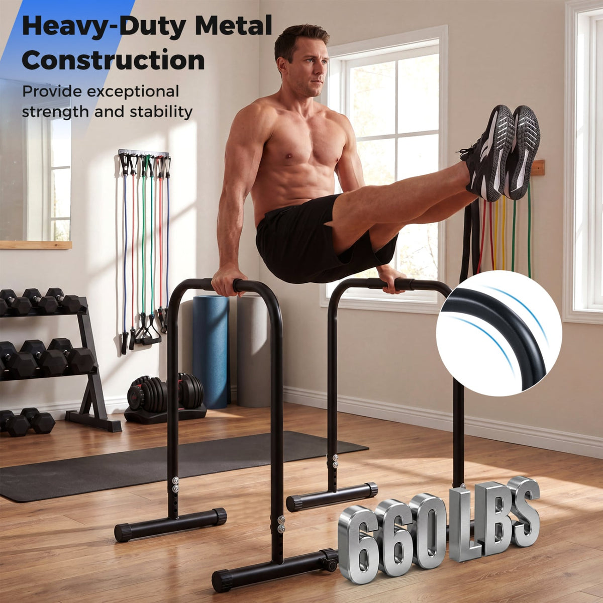 Adjustable Dip Bar Station with 660 LBS Capacity for Calisthenics and Strength Training-Black-Yoga Accessories-DECOROLALA