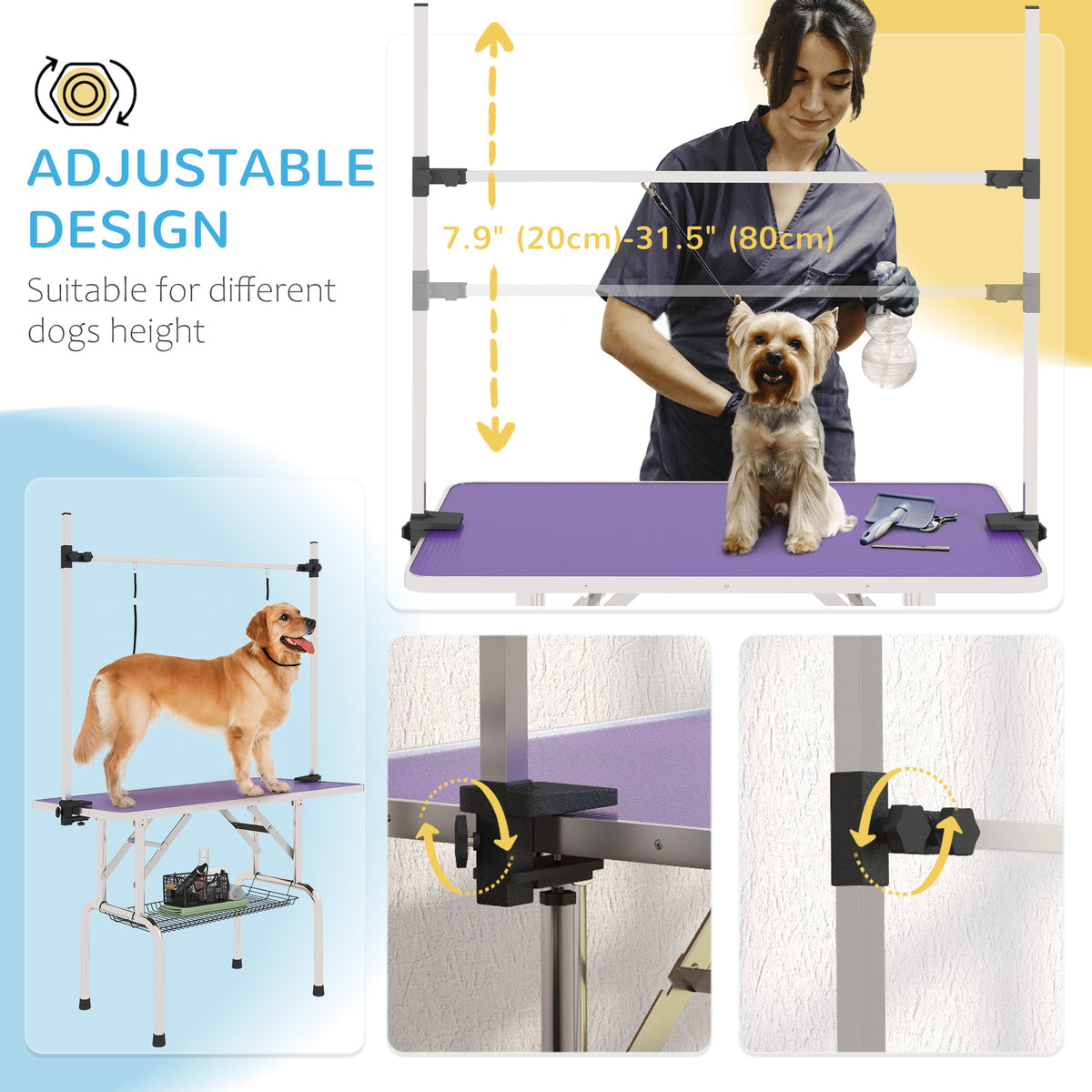 Adjustable Dog Grooming Table - Purple 43" with Storage Basket-Dogs-DECOROLALA