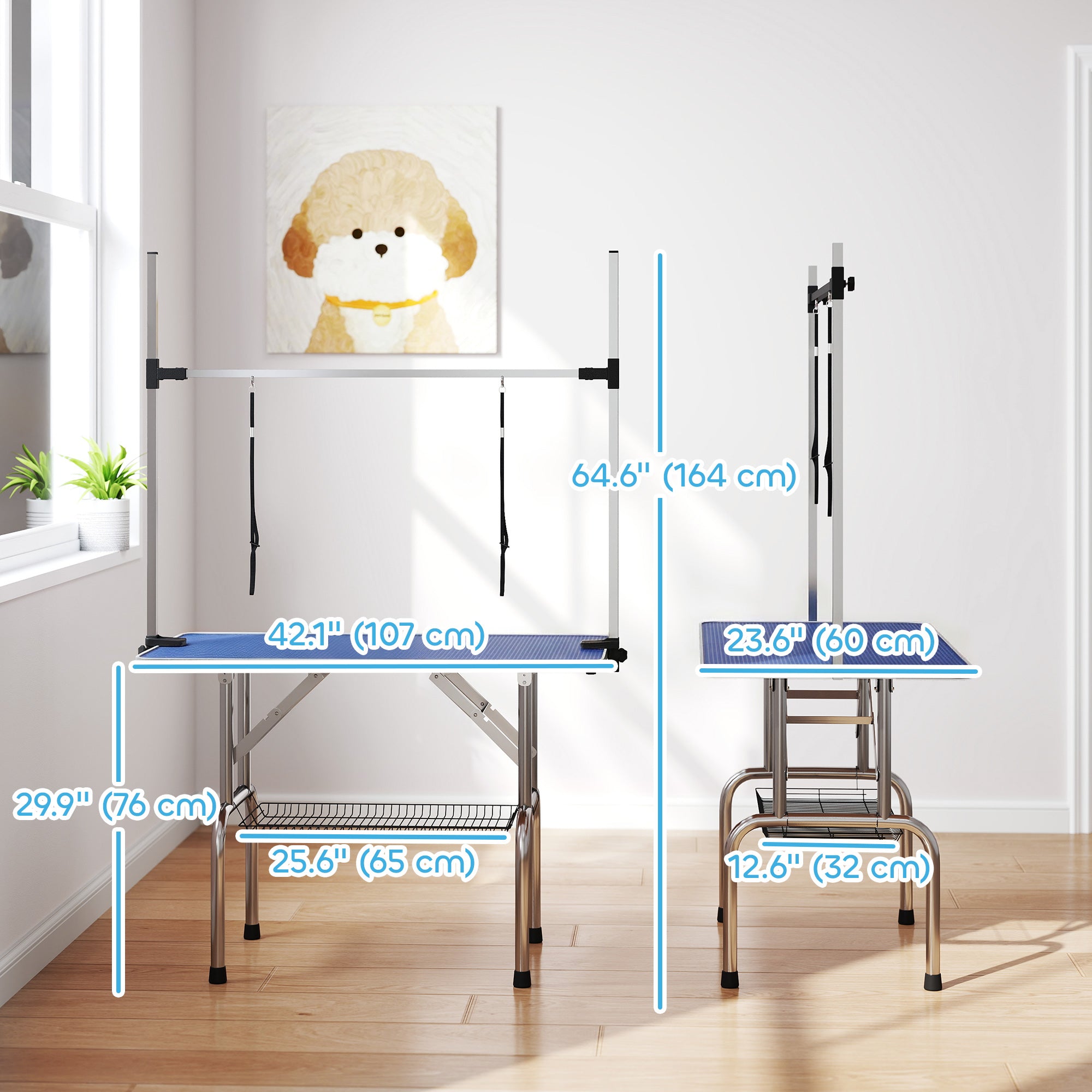 Adjustable Dog Grooming Table with 2 Safety Slings, Storage Basket, Blue-Dogs-DECOROLALA