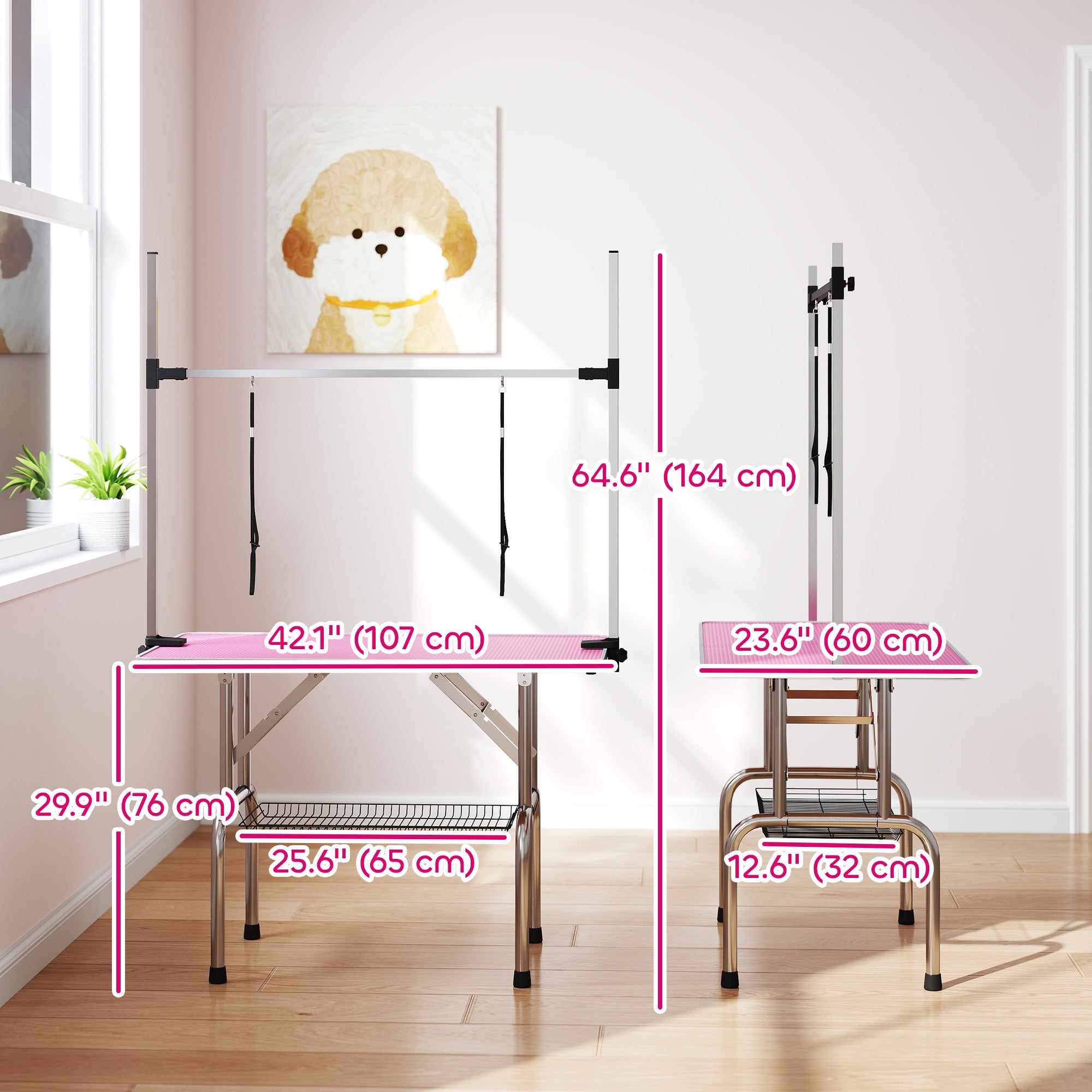 Adjustable Dog Grooming Table with 2 Safety Slings, Storage Basket, Pink-Dogs-DECOROLALA