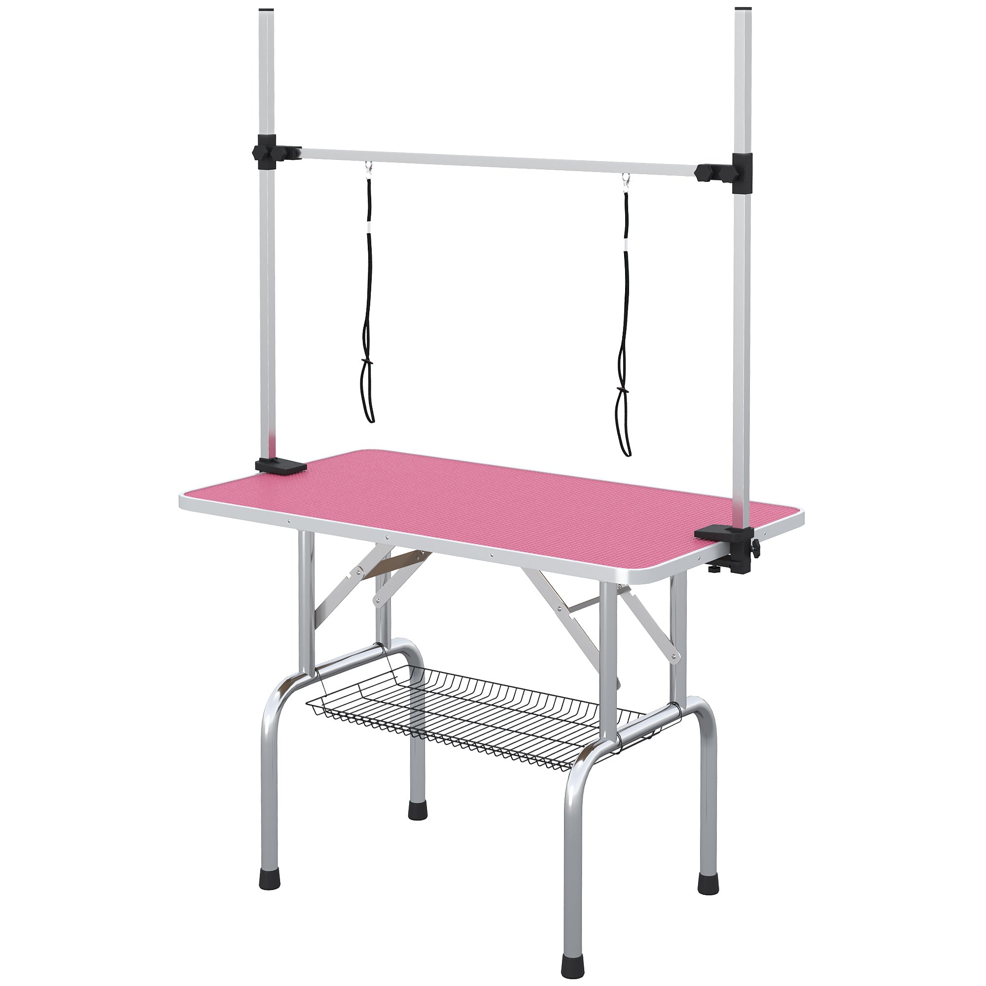 Adjustable Dog Grooming Table with 2 Safety Slings, Storage Basket, Pink-Dogs-DECOROLALA