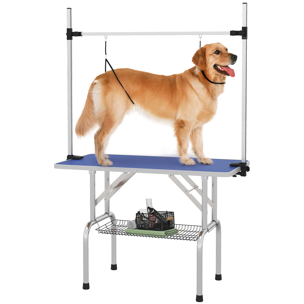 Adjustable Dog Grooming Table with 2 Slings & Basket - Blue-Dog Supplies-DECOROLALA