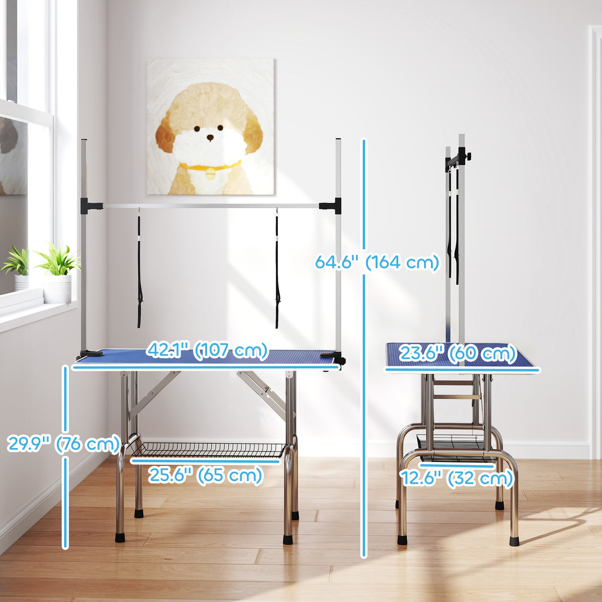 Adjustable Dog Grooming Table with 2 Slings & Basket - Blue-Dogs-DECOROLALA