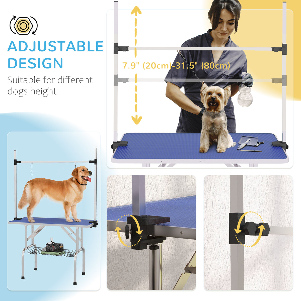 Adjustable Dog Grooming Table with 2 Slings & Basket - Blue-Dogs-DECOROLALA