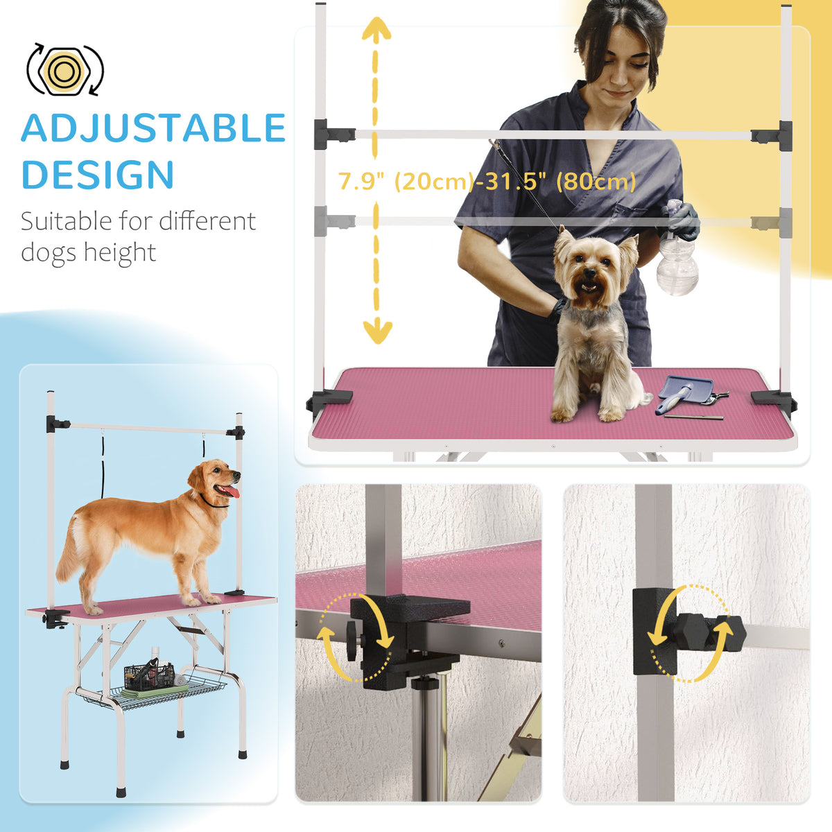 Adjustable Dog Grooming Table with 2 Slings & Basket - Pink-Dogs-DECOROLALA
