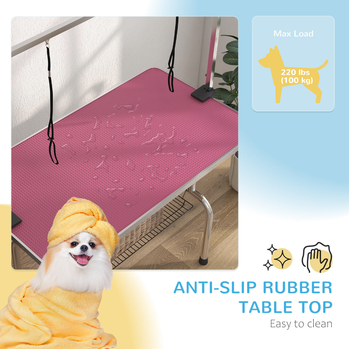 Adjustable Dog Grooming Table with 2 Slings & Basket - Pink-Dogs-DECOROLALA