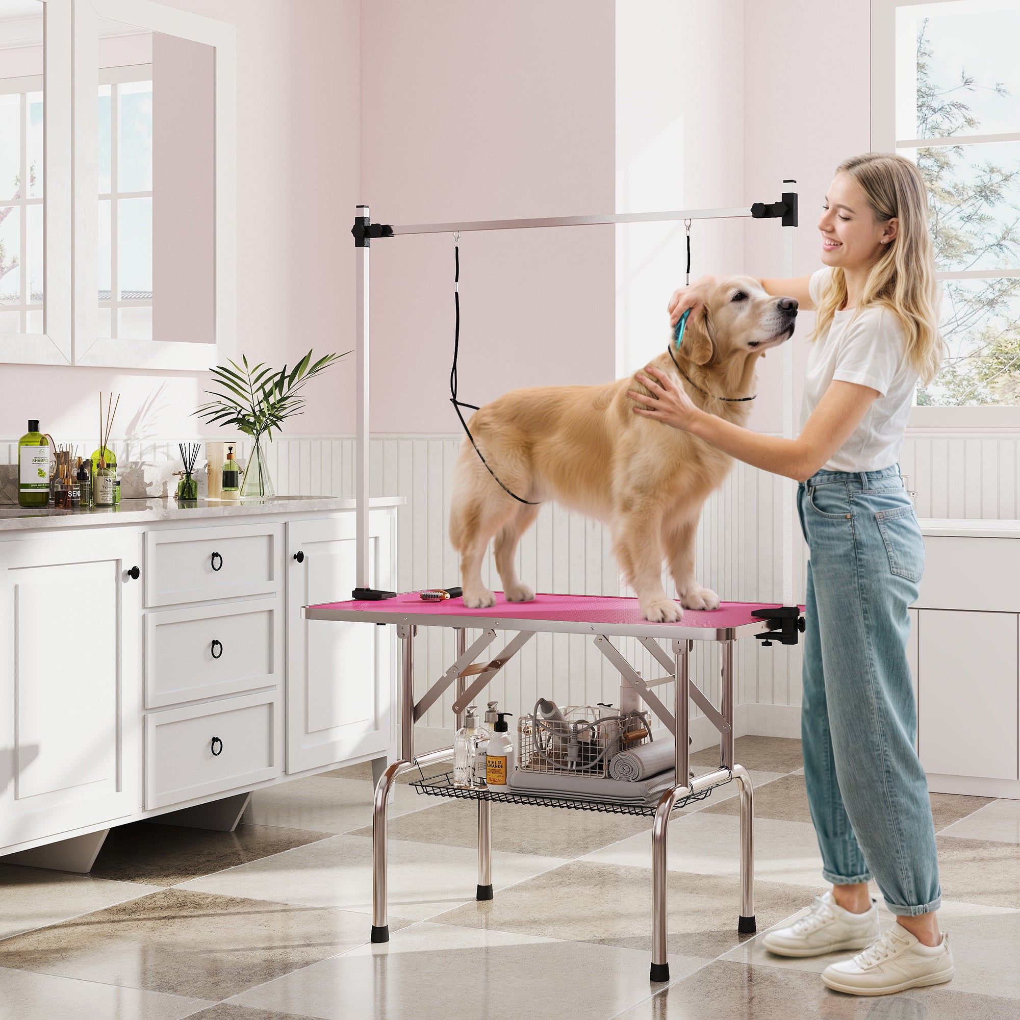 Adjustable Dog Grooming Table with 2 Slings & Basket - Pink-Dogs-DECOROLALA