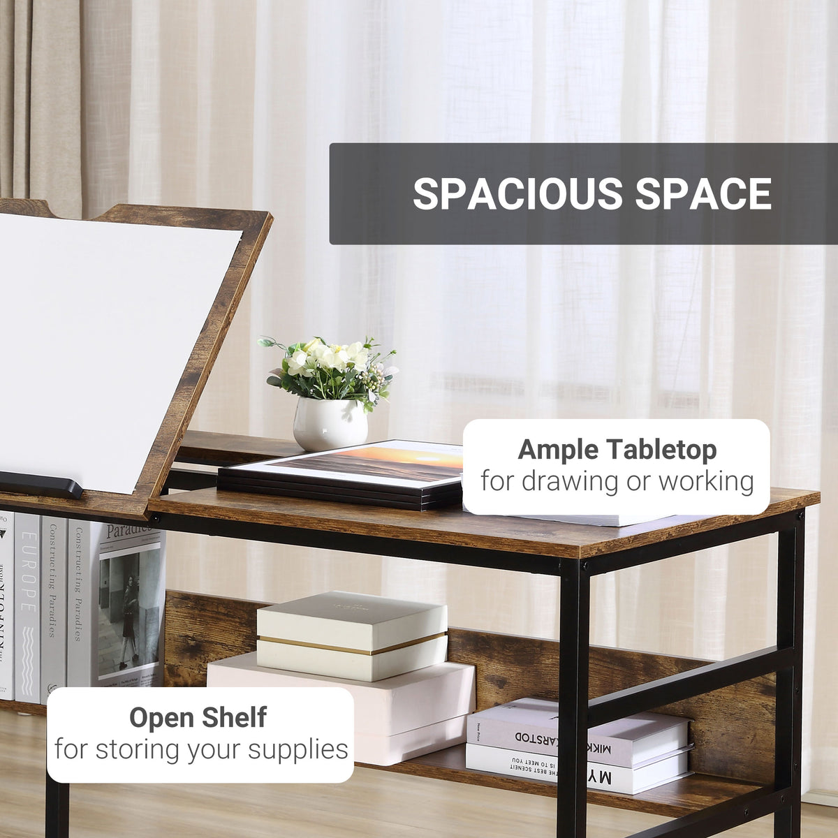 Adjustable Drafting Table - Rustic Brown Art Desk 47"-Office Products > Office Furniture > Office Desks & Work Stations > Writing Desks-DECOROLALA