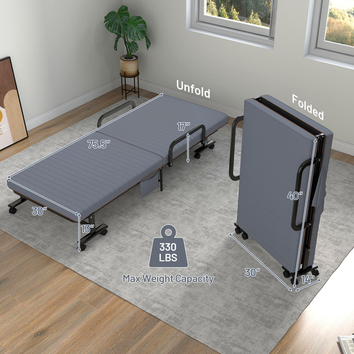Adjustable Folding Guest Bed Frame with Mattress and Wheels-Gray-Folding Beds-DECOROLALA