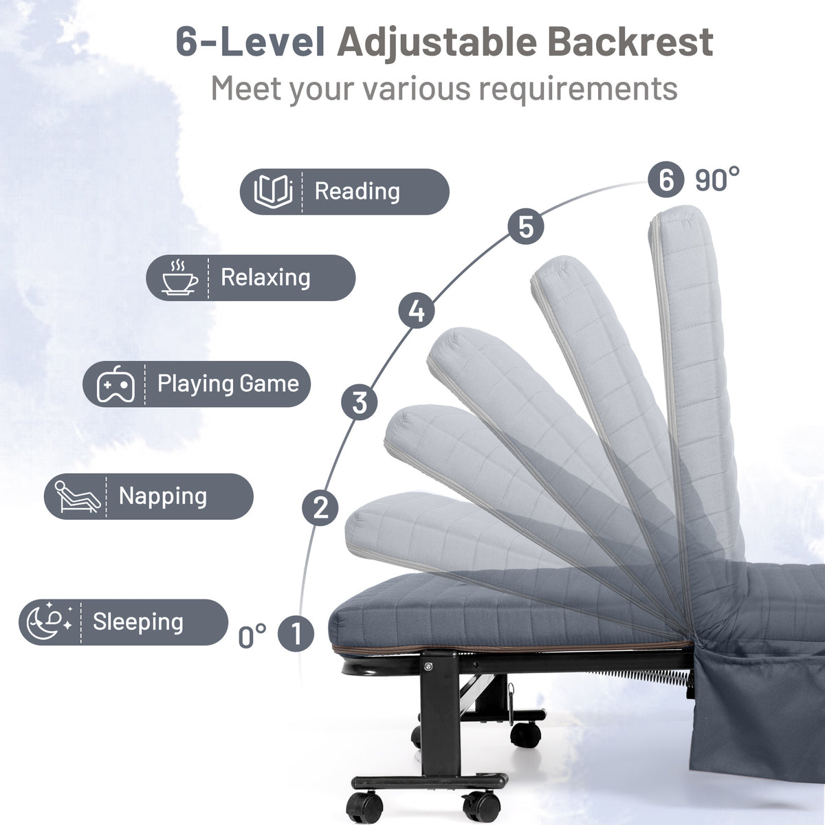 Adjustable Folding Guest Bed Frame with Mattress and Wheels-Gray-Folding Beds-DECOROLALA