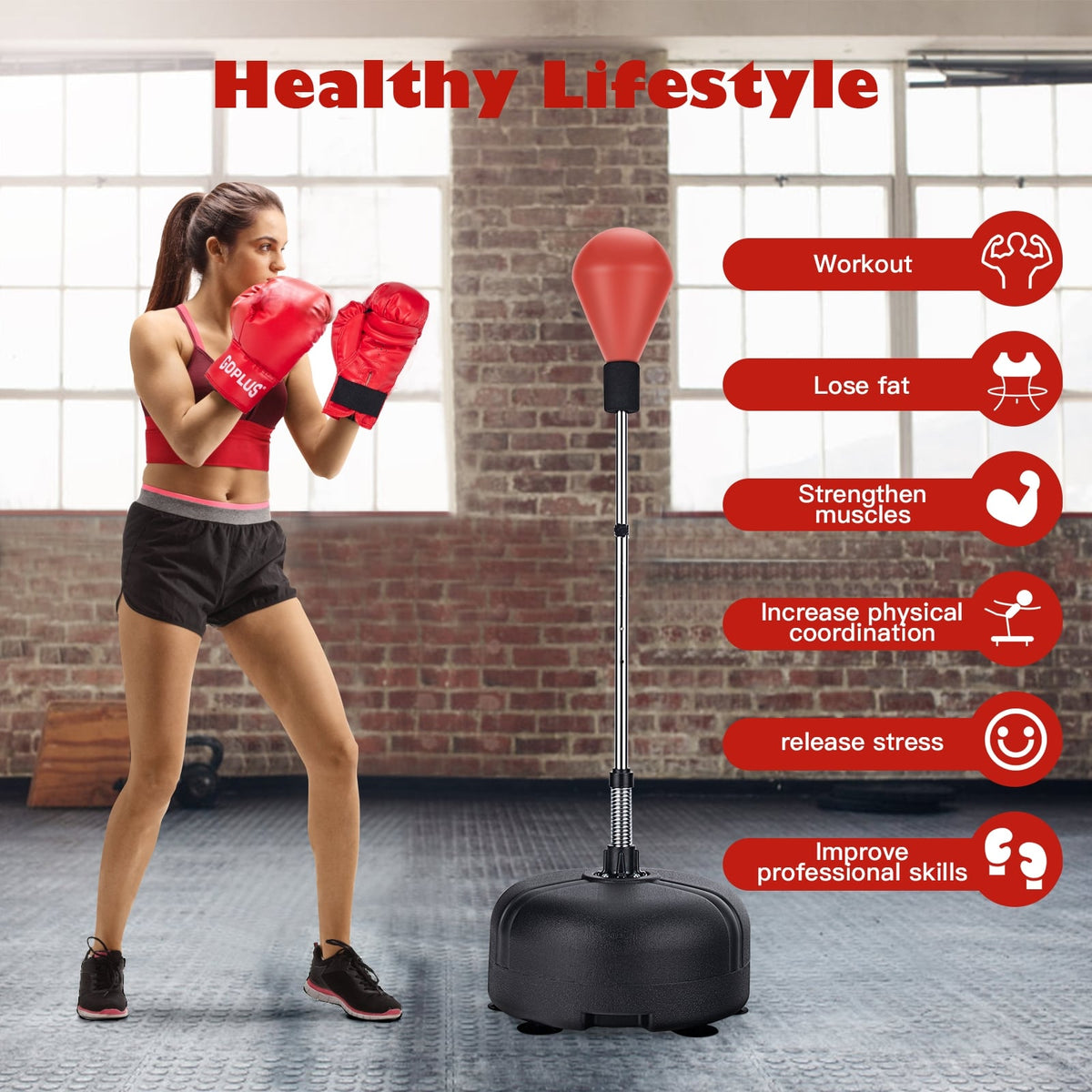 Adjustable Freestanding Punching Bag with Boxing Gloves-Red-Boxing & Martial Arts-DECOROLALA