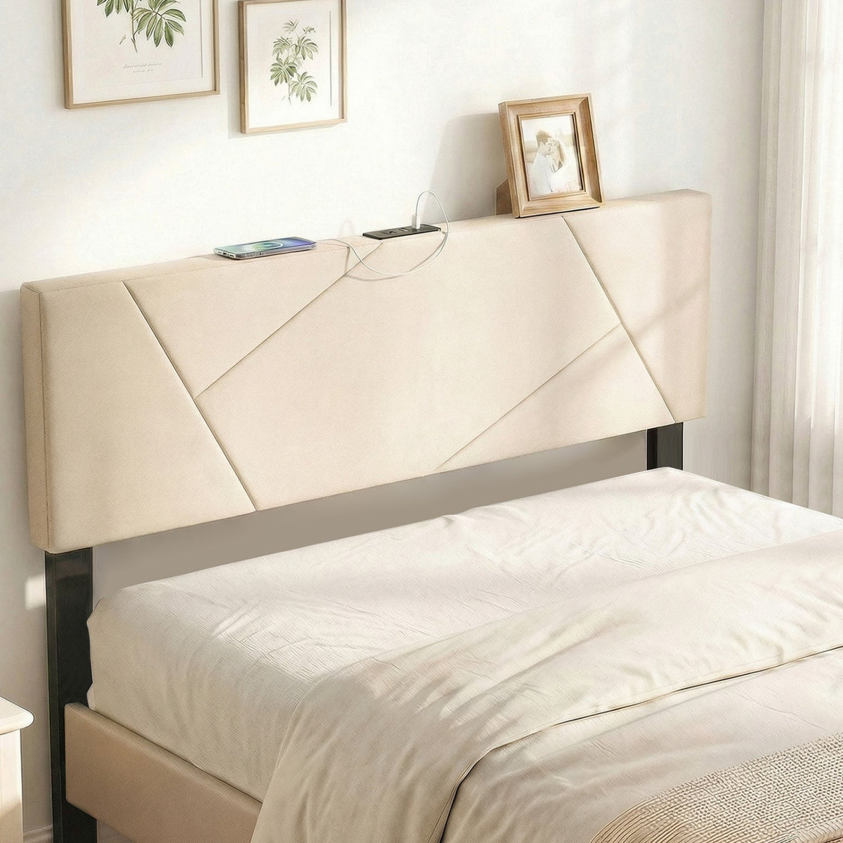 Adjustable Full/Queen Upholstered Headboard with Charging Station-Headboards-DECOROLALA