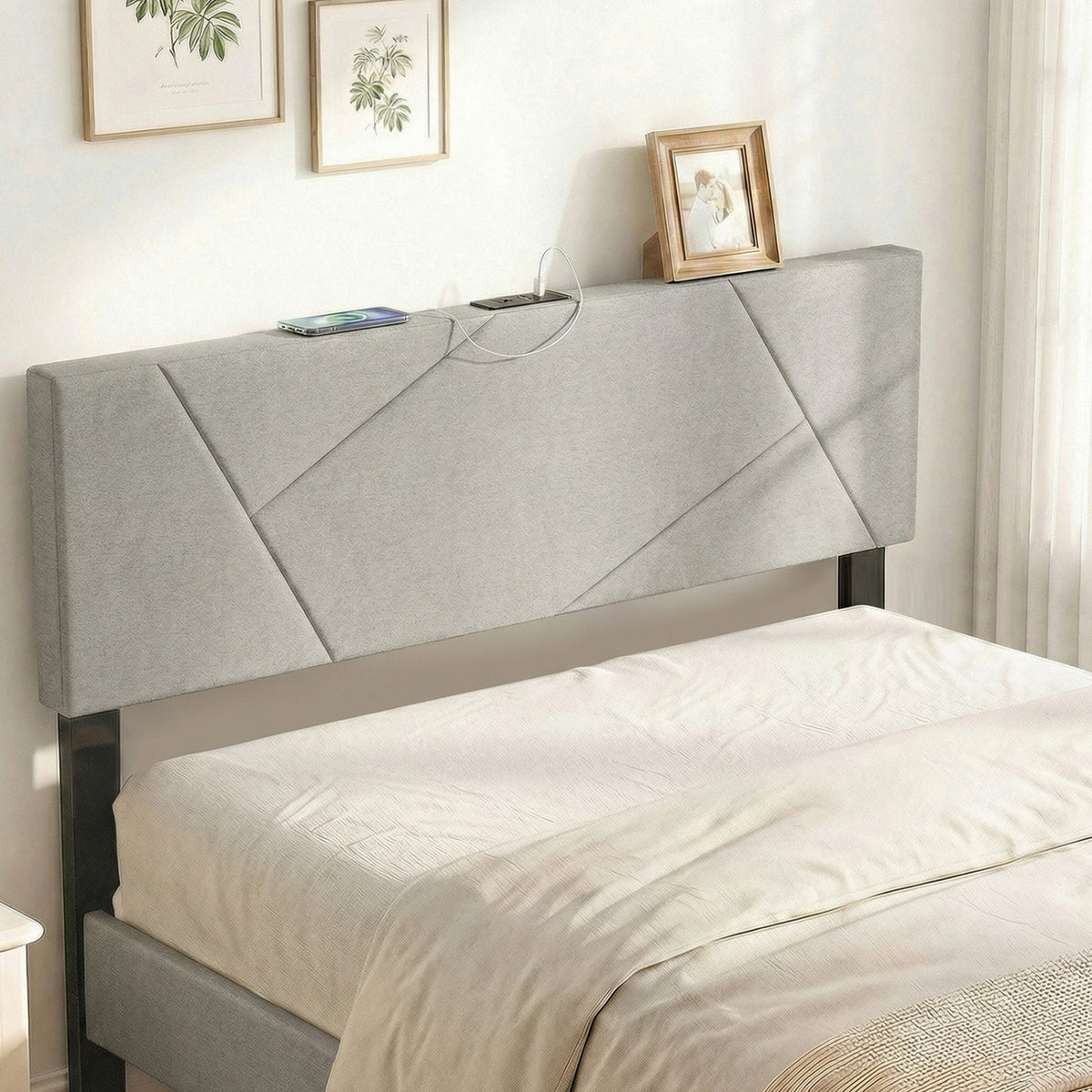 Adjustable Full/Queen Upholstered Headboard with Charging Station-Headboards-DECOROLALA