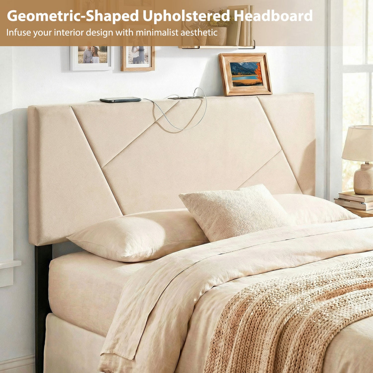 Adjustable Full/Queen Upholstered Headboard with Charging Station-Headboards-DECOROLALA