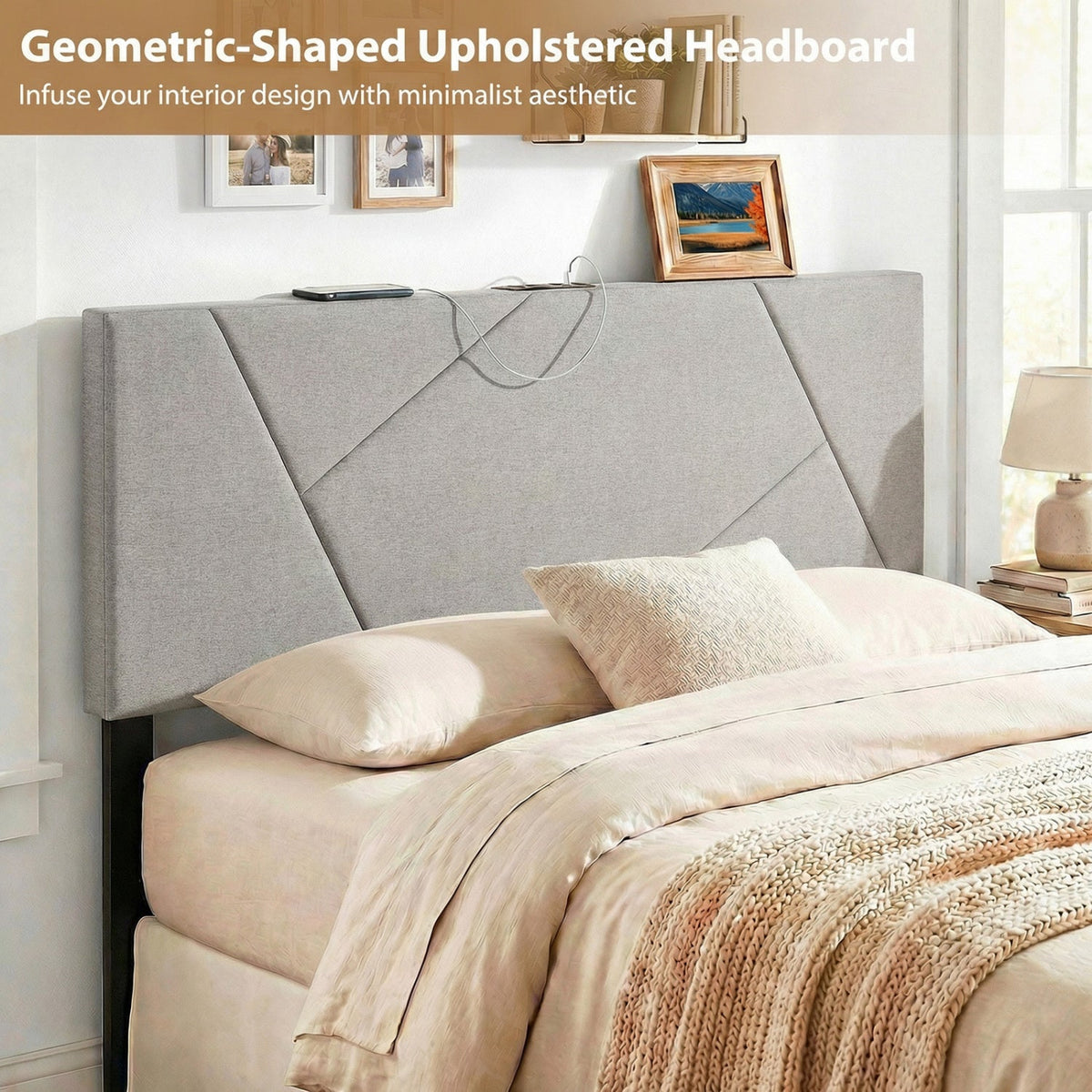 Adjustable Full/Queen Upholstered Headboard with Charging Station-Headboards-DECOROLALA