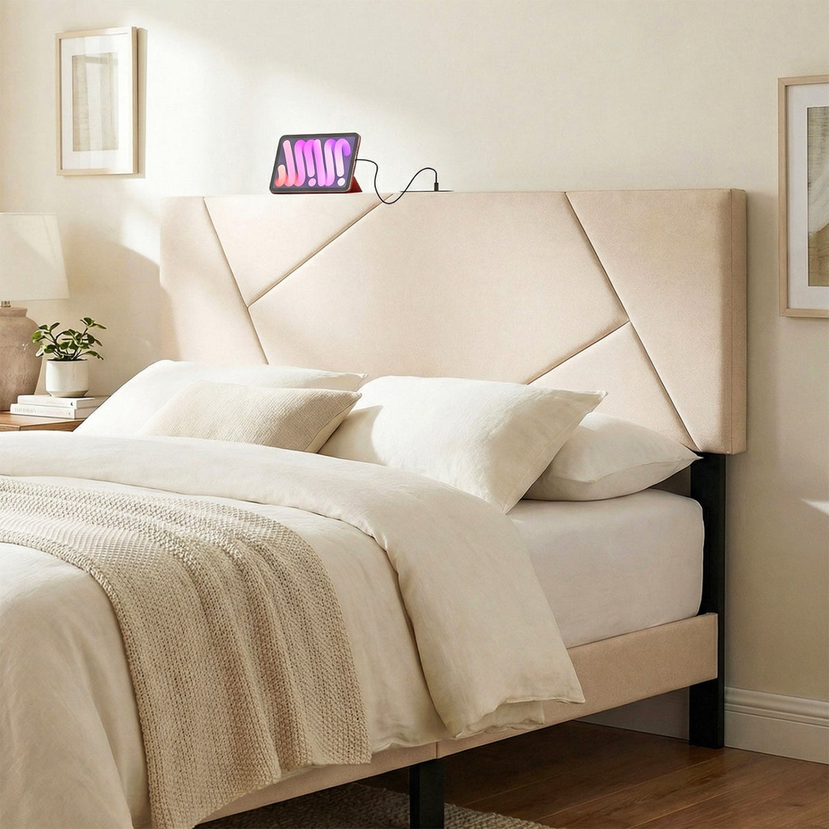 Adjustable Full/Queen Upholstered Headboard with Charging Station-Headboards-DECOROLALA
