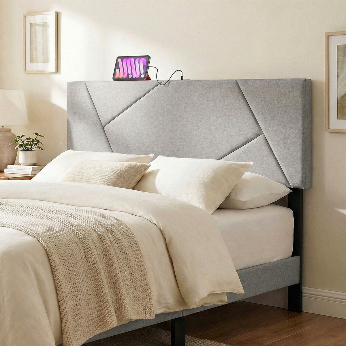 Adjustable Full/Queen Upholstered Headboard with Charging Station-Headboards-DECOROLALA