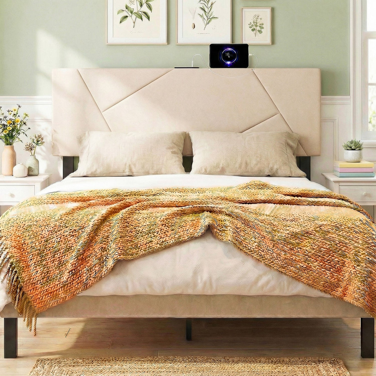 Adjustable Full/Queen Upholstered Headboard with Charging Station-Headboards-DECOROLALA
