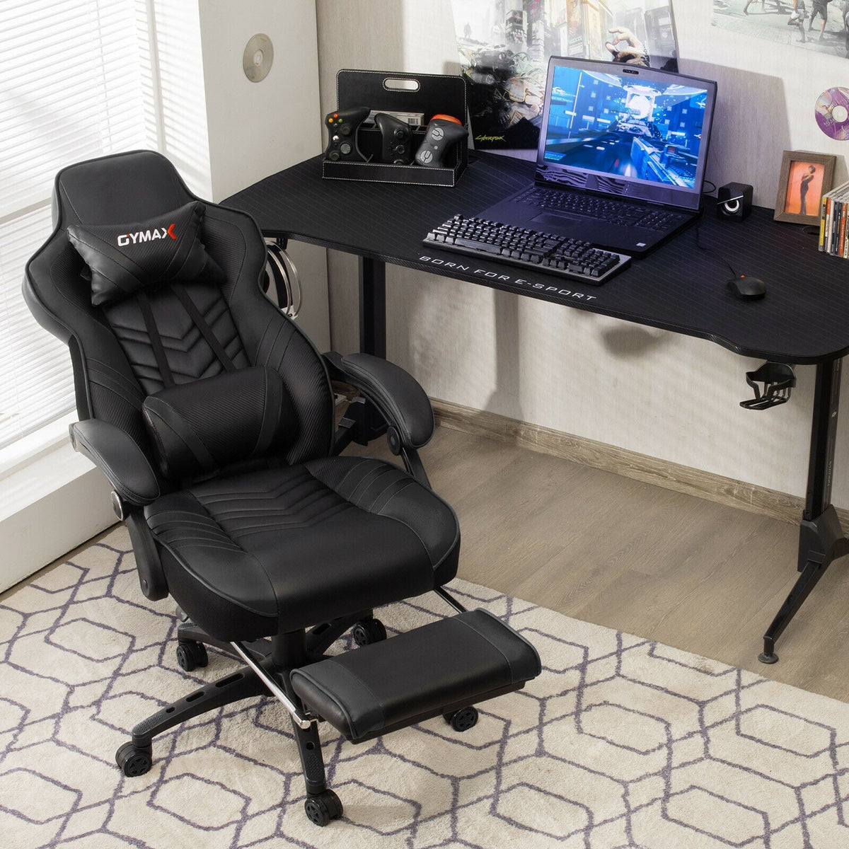 Adjustable Gaming Chair with Footrest for Home Office-Black-Gaming Chairs-DECOROLALA