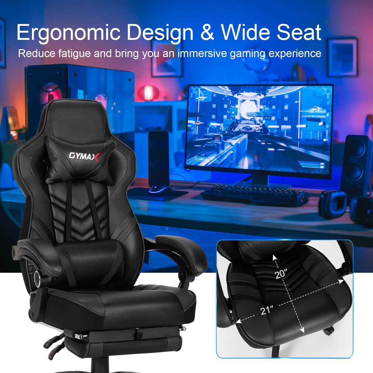 Adjustable Gaming Chair with Footrest for Home Office-Black-Gaming Chairs-DECOROLALA