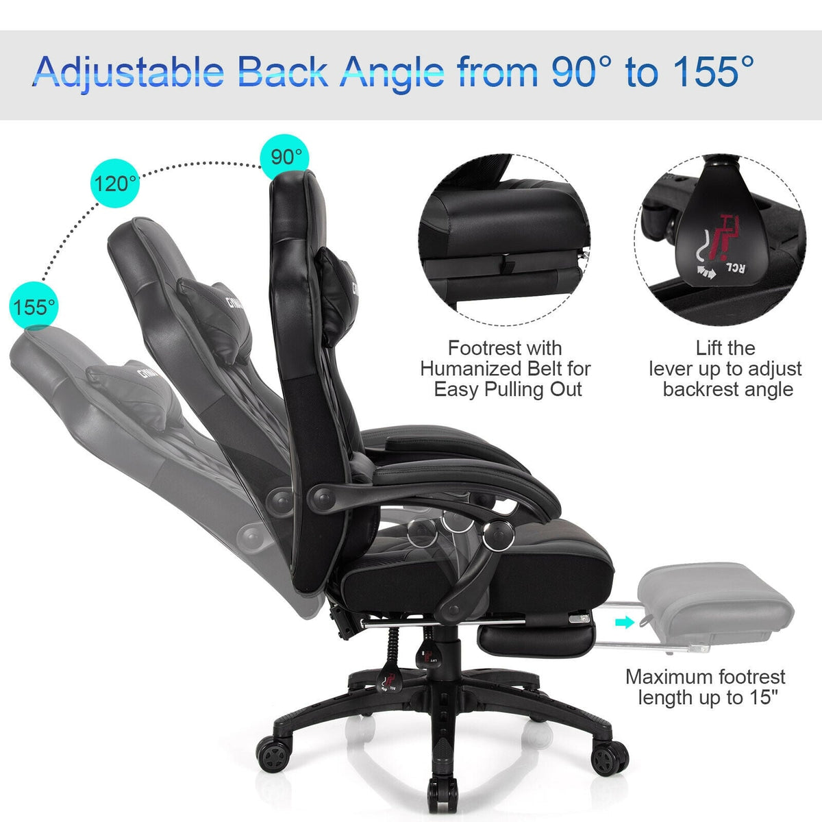Adjustable Gaming Chair with Footrest for Home Office-Black-Gaming Chairs-DECOROLALA