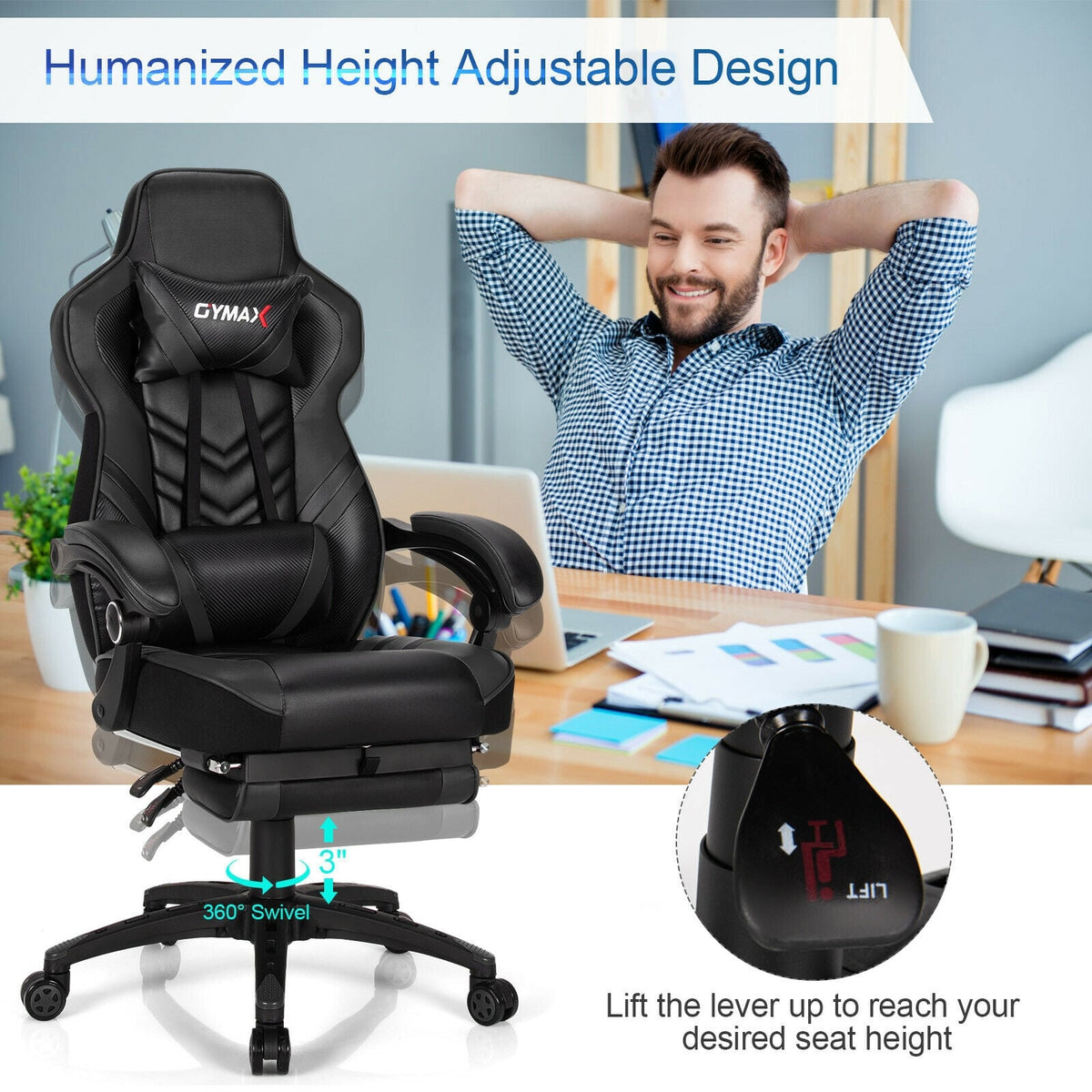 Adjustable Gaming Chair with Footrest for Home Office-Black-Gaming Chairs-DECOROLALA