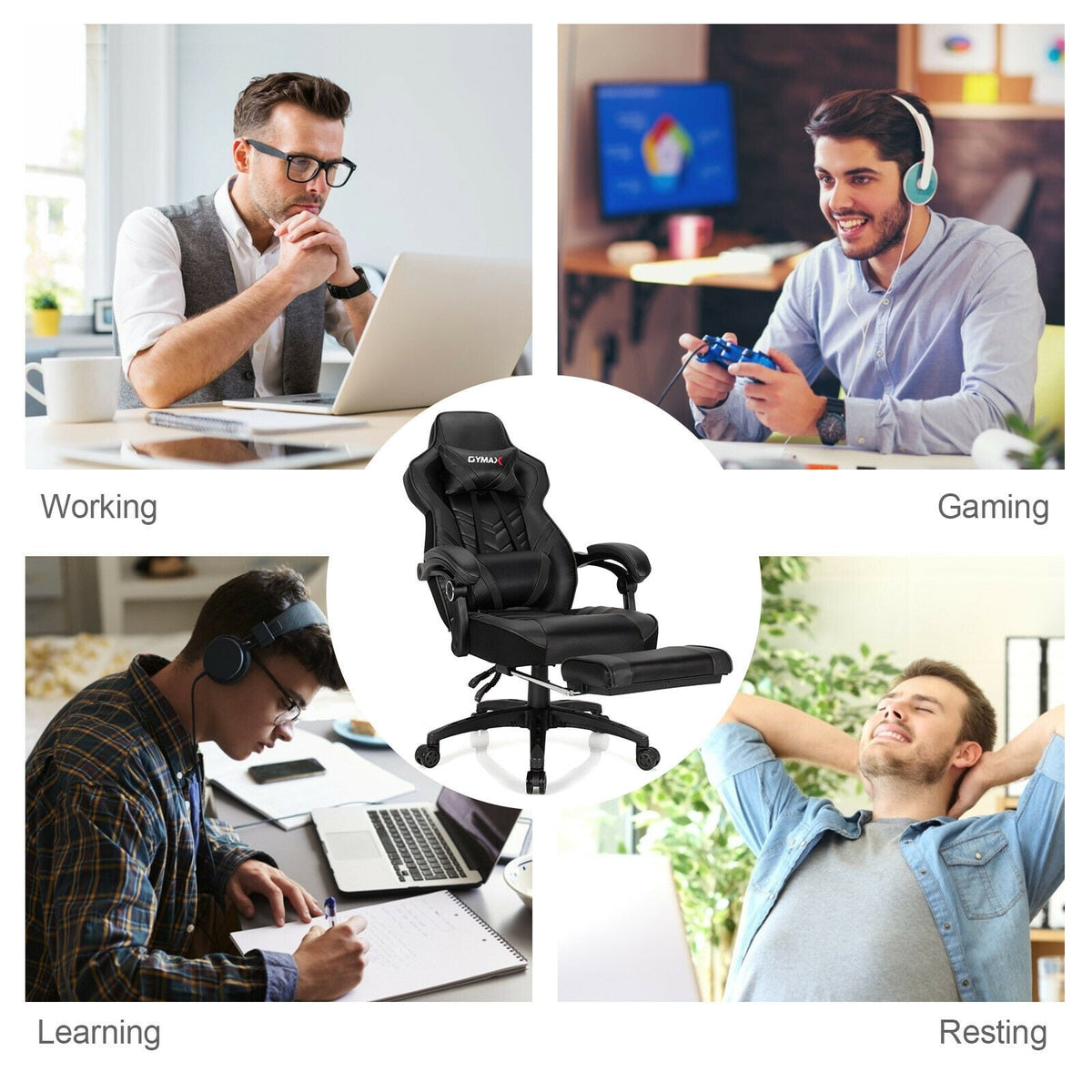 Adjustable Gaming Chair with Footrest for Home Office-Black-Gaming Chairs-DECOROLALA