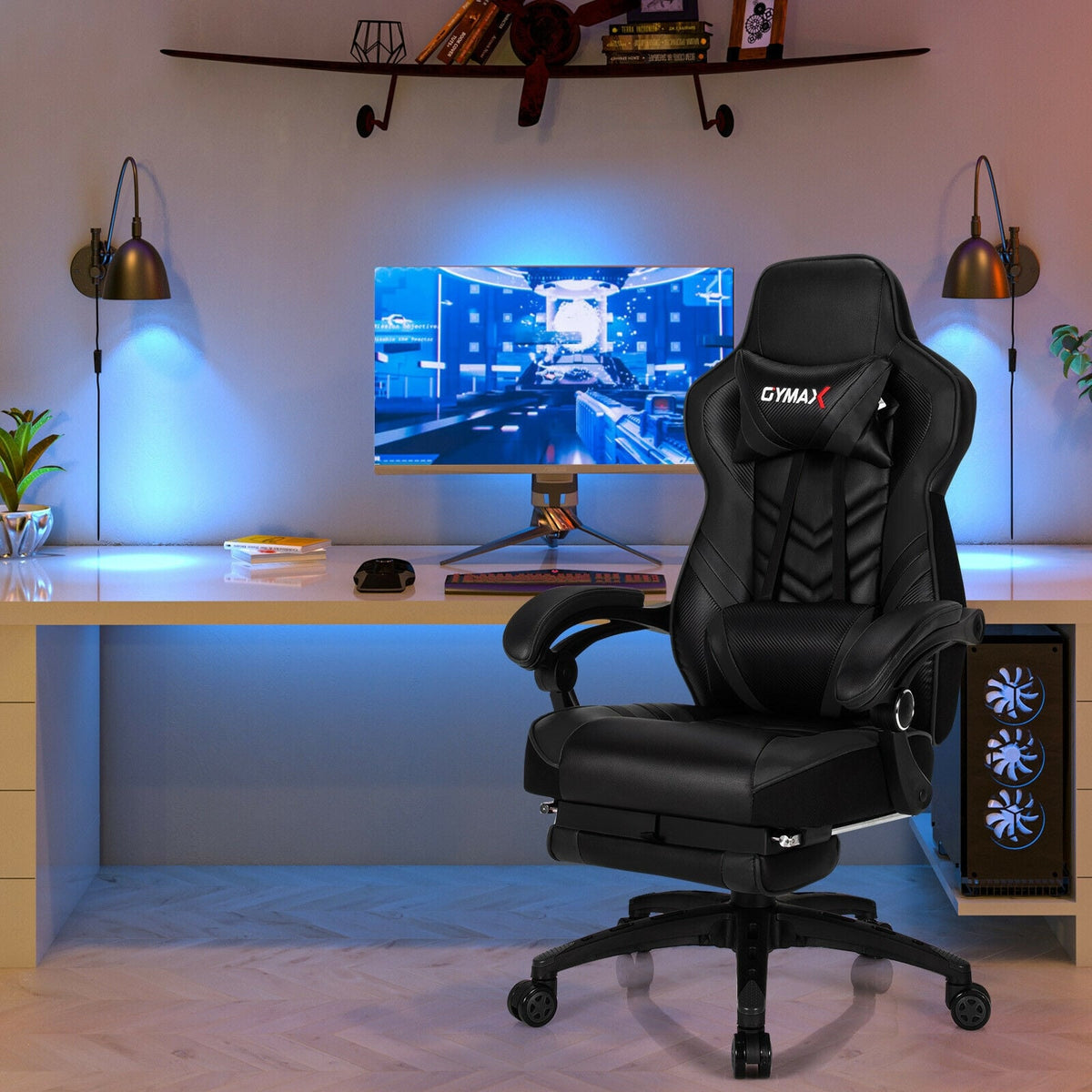 Adjustable Gaming Chair with Footrest for Home Office-Black-Gaming Chairs-DECOROLALA