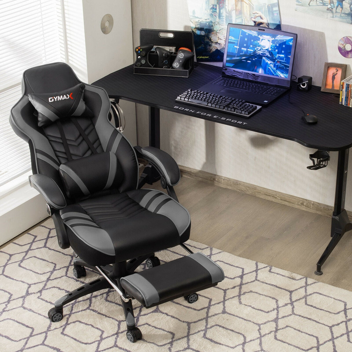 Adjustable Gaming Chair with Footrest for Home Office-Gray-Gaming Chairs-DECOROLALA