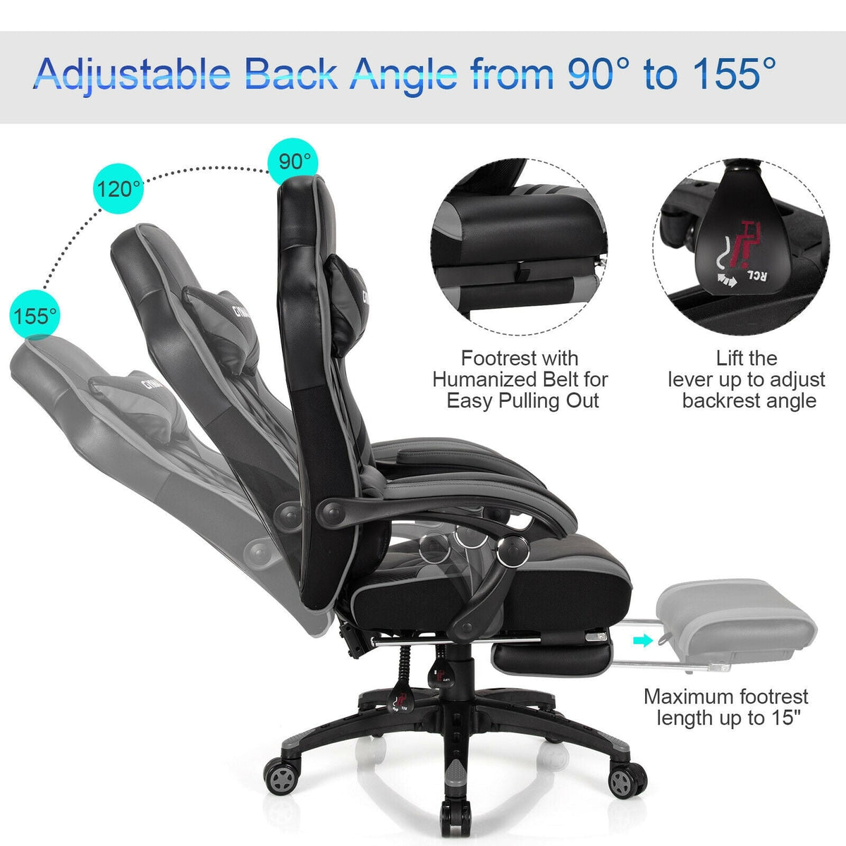 Adjustable Gaming Chair with Footrest for Home Office-Gray-Gaming Chairs-DECOROLALA