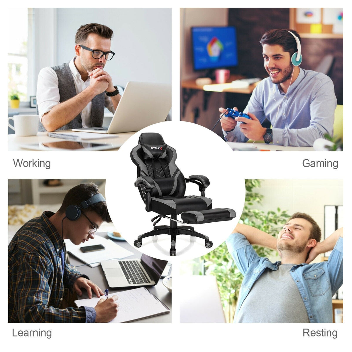 Adjustable Gaming Chair with Footrest for Home Office-Gray-Gaming Chairs-DECOROLALA
